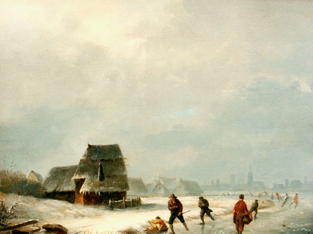 Henri de Pratere | Schaatsers op een bevroren rivier, olieverf op paneel, 32,4 x 40,7 cm, gesigneerd l.o.