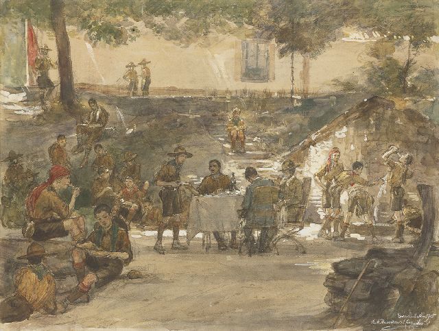 Bueno de Mesquita D.A.  | Padvinderskamp bij het Escorial, Spanje, zwart krijt en aquarel op papier 47,5 x 63,0 cm, gesigneerd r.o. en gedateerd 'Escorial' Aug 1915