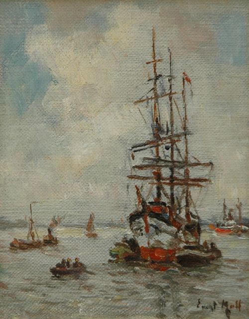 Evert Moll | Duwschepen met driemaster op de Nieuwe Maas, Rotterdam, olieverf op doek op paneel, 14,0 x 11,0 cm, gesigneerd r.o.