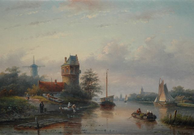 Jan Jacob Spohler | Zomers rivierlandschap met zeilschepen en een veer (alleen tezamen met 12075), olieverf op doek, 38,3 x 55,5 cm, gesigneerd r.o.