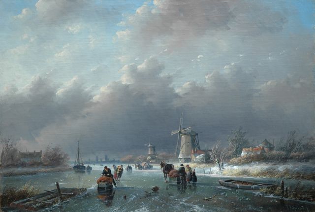 Jan Jacob Spohler | Schaatsers en sledes op het ijs  (alleen tezamen met 12074), olieverf op doek, 38,4 x 56,5 cm, gesigneerd r.o.