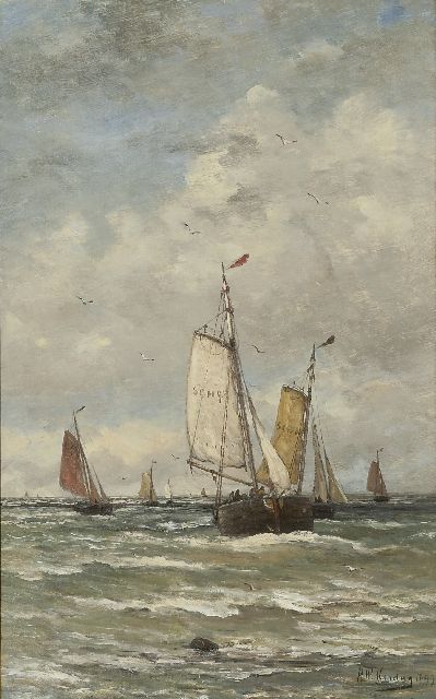 Hendrik Willem Mesdag | Bomschuiten op zee, olieverf op doek, 78,2 x 48,2 cm, gesigneerd r.o. en gedateerd 1899
