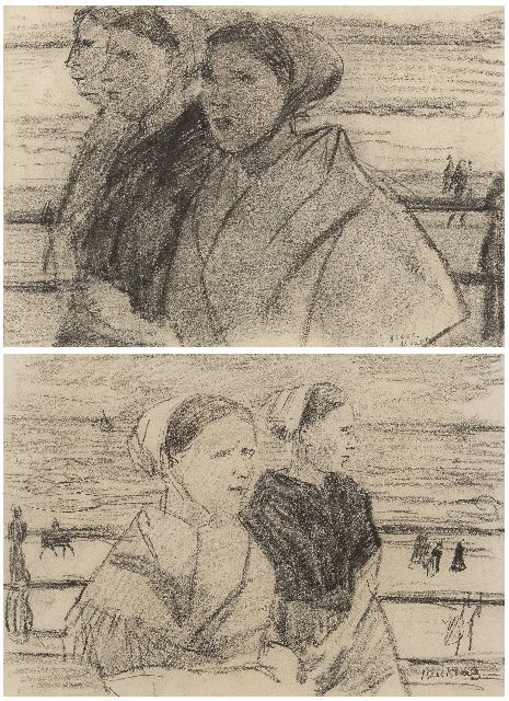 Isaac Israels | Scheveningse vissersvrouwen op de boulevard; verso: Drie vissersvrouwen, pastel op papier, 22,0 x 31,5 cm, gesigneerd r.o.
