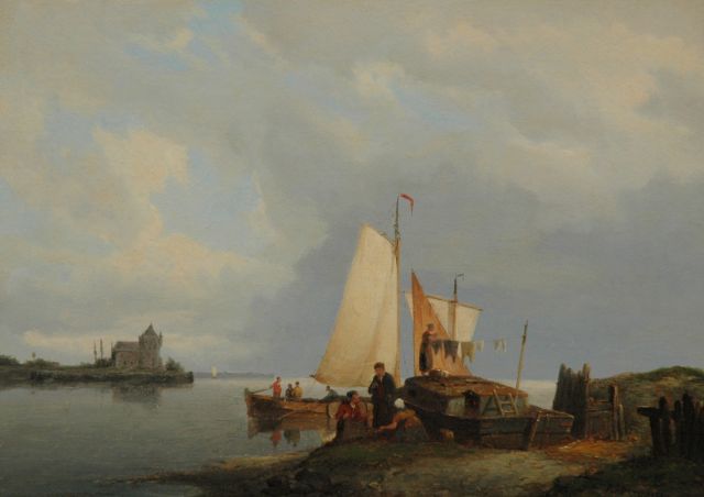 Pieter Cornelis  Dommershuijzen | Figuren bij een boot aan een riviermonding, een zeilschip vaart langs, olieverf op paneel, 27,1 x 38,3 cm, gesigneerd r.o.