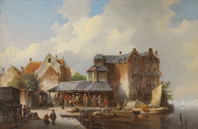 Jacques Carabain | Vismarkt in een Hollands havenstadje, olieverf op paneel, 22,2 x 33,1 cm, gesigneerd r.o.