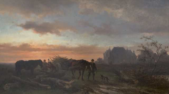 Wouterus Verschuur | Avondlandschap met houthakkers en hun paarden, olieverf op paneel, 26,2 x 46,0 cm, gesigneerd r.o.
