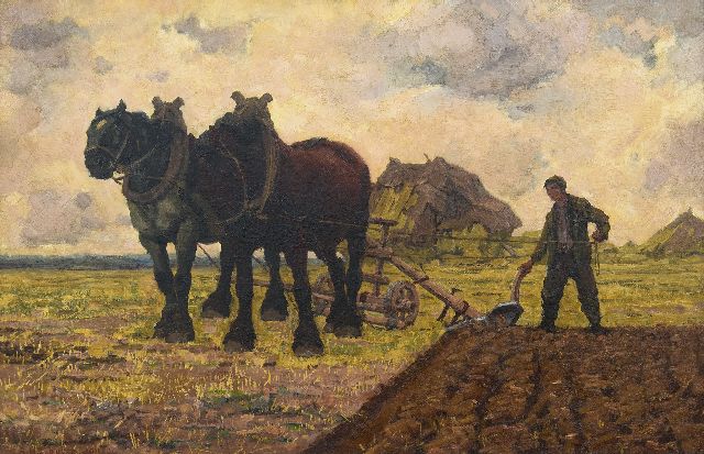 Adriaan Herman Gouwe | Ploegende paarden, olieverf op doek, 65,8 x 100,6 cm, gesigneerd l.o. en gedateerd 1911