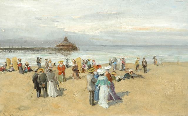 Frans Helfferrich | Flaneren op het strand van Scheveningen, olieverf op paneel, 24,9 x 40,1 cm, gesigneerd l.o. en gedateerd '09
