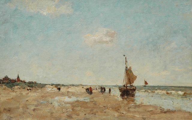 Louis Stuttenheim | Een bom en vissersvrouwen op het strand, olieverf op doek, 35,3 x 55,1 cm