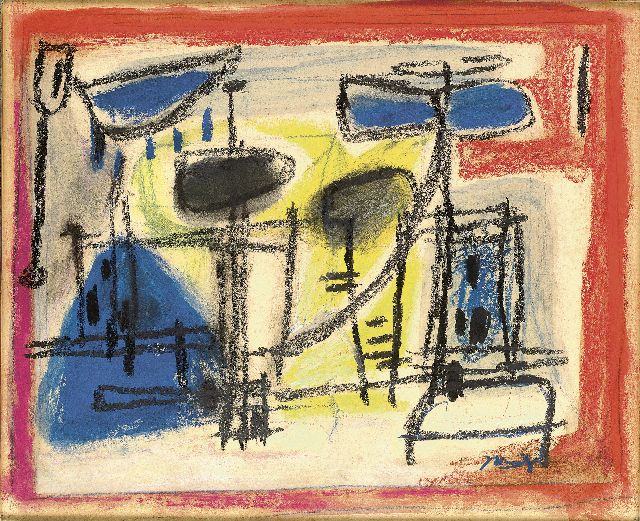 Jaap Nanninga | Compositie met figuren, gekleurd krijt op papier, 25,0 x 32,0 cm, gesigneerd r.o. en te dateren ca. 1958