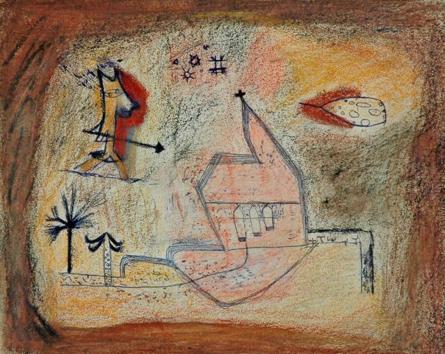 Jaap Nanninga | Compositie met kerk, vgl. het schilderij 'Bebende Kapelle' uit 1924 van Paul Klee, ballpoint, gekleurd krijt en pastel op papier, 22,0 x 27,0 cm, gesigneerd met verso genummerd atelierstempel (nr. 010)