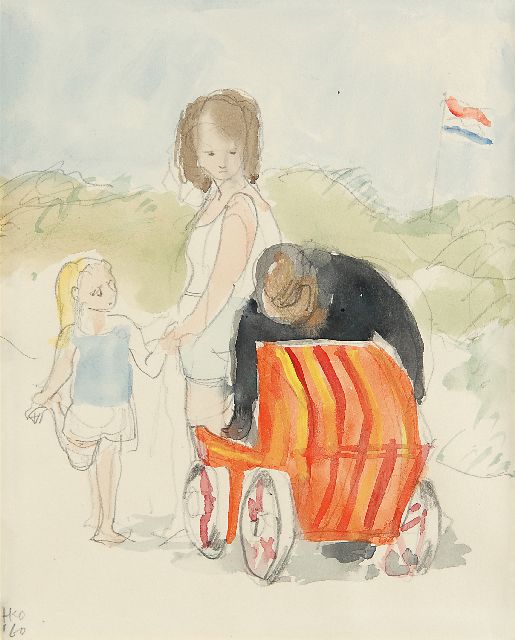 Harm Kamerlingh Onnes | Familie op Terschelling, potlood en aquarel op papier, 18,8 x 16,2 cm, gesigneerd l.o. met monogram en gedateerd '60