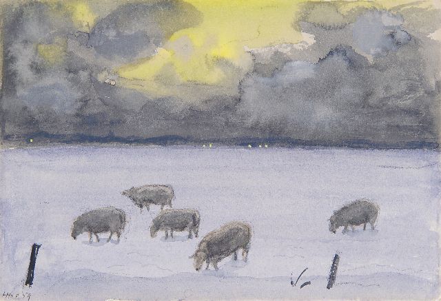 Harm Kamerlingh Onnes | Winterlandschap met schapen, Terschelling, krijt en aquarel op papier, 12,0 x 17,5 cm, gesigneerd l.o. en verso met monogram en gedateerd recto en verso '59