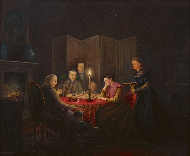 Johannes van der Heijden | Avondlijk schaakspel, olieverf op paneel, 41,5 x 51,3 cm, gesigneerd r.o.