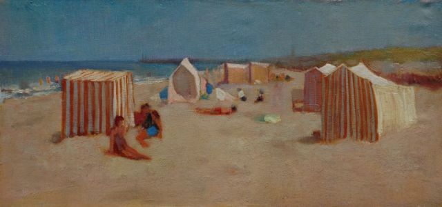Chris Snijders | Zonnig strand met baadsters, olieverf op doek, 24,3 x 50,2 cm