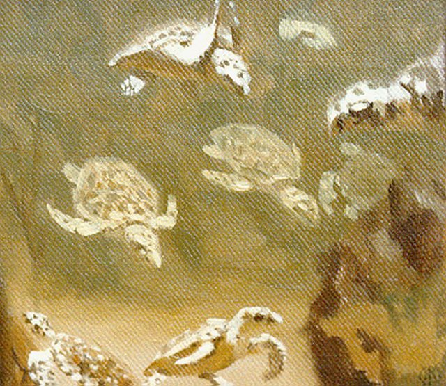 Gerrit Willem Dijsselhof | Waterschildpadjes, olieverf op paneel, 15,0 x 15,0 cm, gesigneerd r.o. monogram