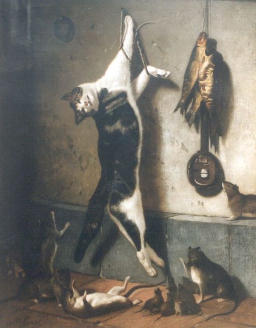 Bernard te Gempt | Dode kat en blije nieuwsgierige ratten, olieverf op doek, 118,0 x 94,0 cm, gesigneerd l.o.