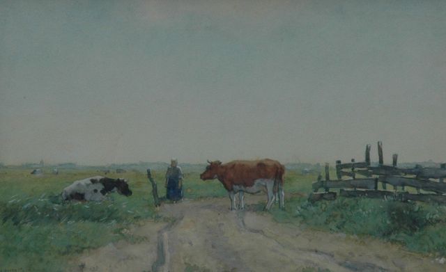Knikker A.  | Boerin en koeien in zomers weidelandschap, aquarel op papier 21,3 x 33,3 cm, gesigneerd l.o.
