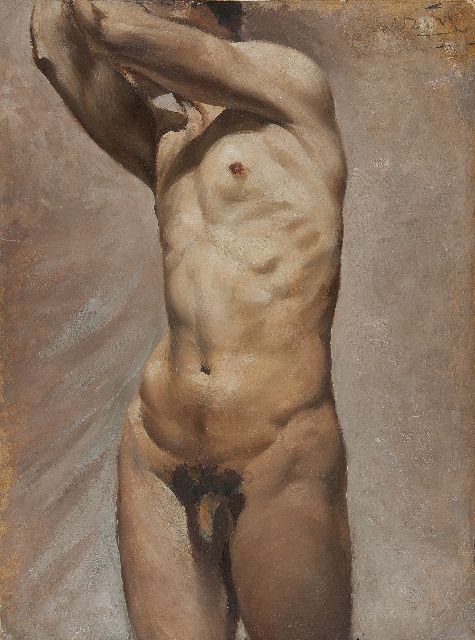 Franse School | Academiestudie: staand mannelijk naakt, olieverf op board, 45,0 x 33,5 cm, gesigneerd r.b.