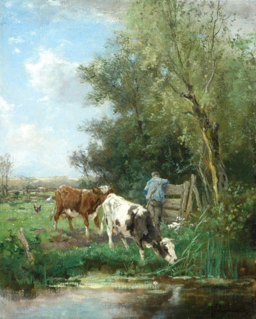 Johan Frederik Cornelis Scherrewitz | Boer met weidende koeien, olieverf op doek, 50,3 x 40,6 cm, gesigneerd r.o.