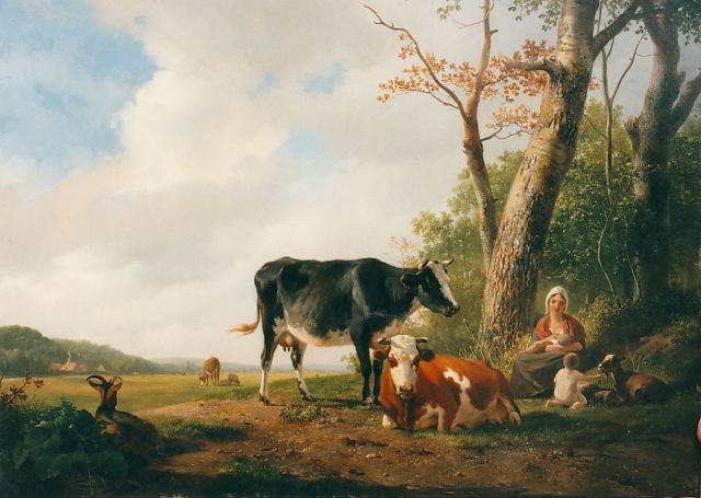 Hendrikus van de Sande Bakhuyzen | Koeienhoedster met vee en kinderen in zomers landschap, olieverf op paneel, 47,7 x 60,7 cm, gesigneerd l.o. en gedateerd 1829