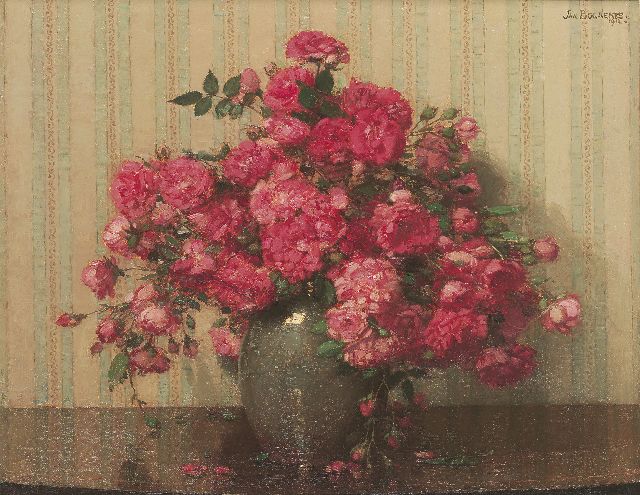 Jan Bogaerts | Rose trosroosjes in een vaas, olieverf op doek, 40,5 x 50,4 cm, gesigneerd r.b. en gedateerd 1912