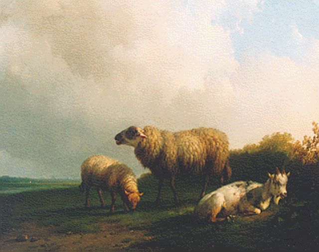 Pieter Plas | Landschap met geit en twee schapen, olieverf op paneel, 30,2 x 38,2 cm, gesigneerd r.o. en gedateerd 1848