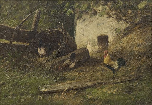 Marinus Adrianus Koekkoek II | Haan en kippen bij een broedkorf, olieverf op doek, 24,4 x 34,5 cm, gesigneerd r.o.