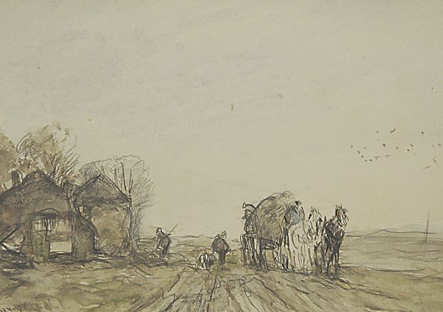 Louis Apol | Hooikar met paarden bij een boerenhuisje, potlood en aquarel op papier, 16,5 x 23,3 cm, gesigneerd l.o.