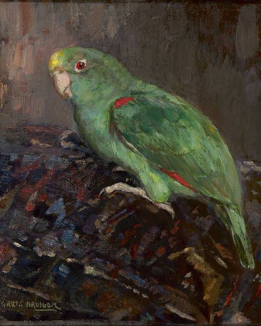 Greta Bruigom | Groene papegaai, olieverf op doek, 33,0 x 27,5 cm, gesigneerd l.o.