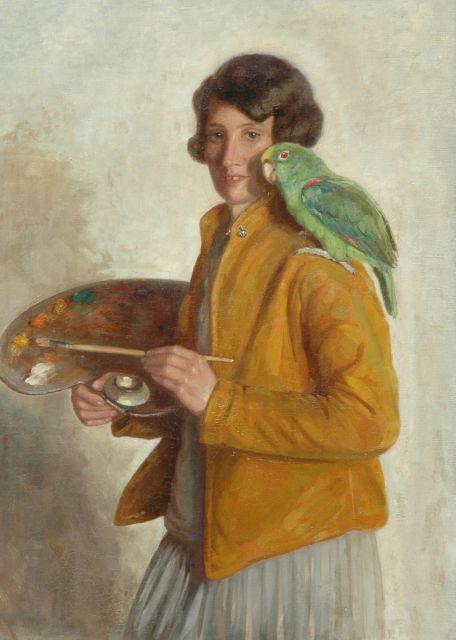 Greta Bruigom | Zelfportret met groene papegaai, olieverf op doek, 90,3 x 66,4 cm