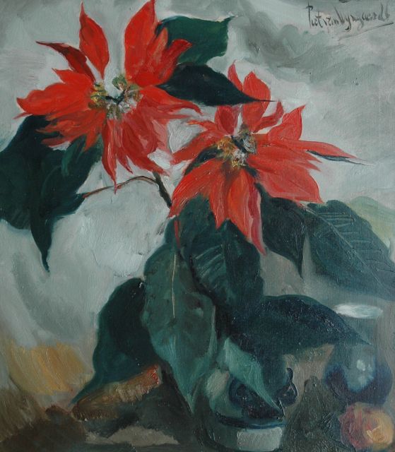 Piet van Wijngaerdt | Poinsetta's (Kerststerren) met goudreinette, olieverf op doek, 80,1 x 70,6 cm, gesigneerd r.b.