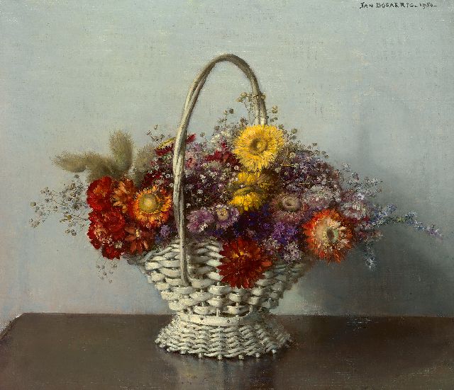 Bogaerts J.J.M.  | Droogbloemen in een mandje, olieverf op doek 35,0 x 40,0 cm, gesigneerd r.b. en gedateerd 1950