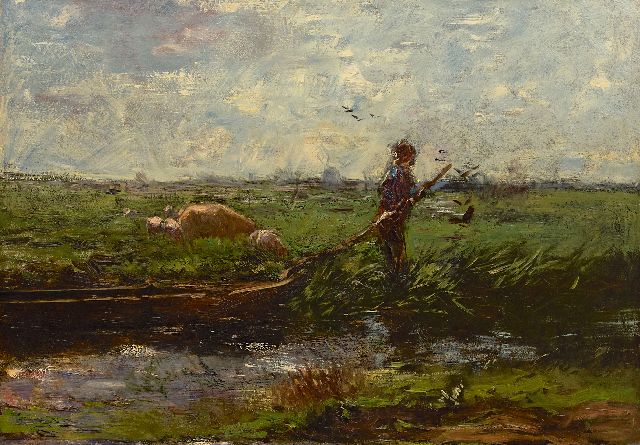 Willem Maris | Boer met praam in weidelandschap, olieverf op doek, 66,3 x 94,5 cm, te dateren ca. 1906