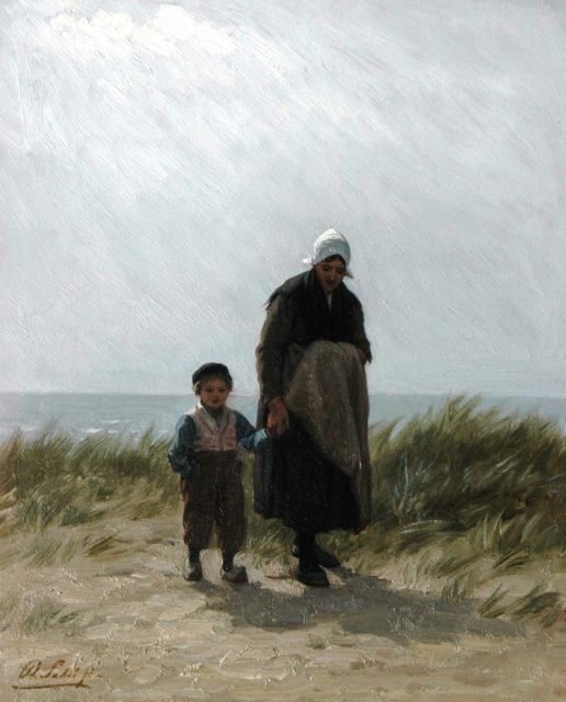 Philip Sadée | Moeder en kind op het duin, Scheveningen, olieverf op paneel, 26,1 x 20,9 cm, gesigneerd l.o.