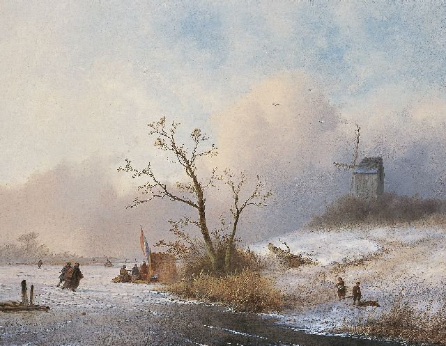 Hoppenbrouwers J.F.  | Winterlandschap met schaatsers bij een koek-en-zopie, olieverf op doek 54,0 x 70,0 cm, gesigneerd l.o.