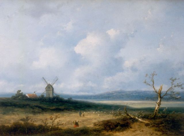 John Franciscus Hoppenbrouwers | Zomerlandschap met schaapsherder en molen, olieverf op paneel, 23,0 x 30,4 cm, gesigneerd l.o.