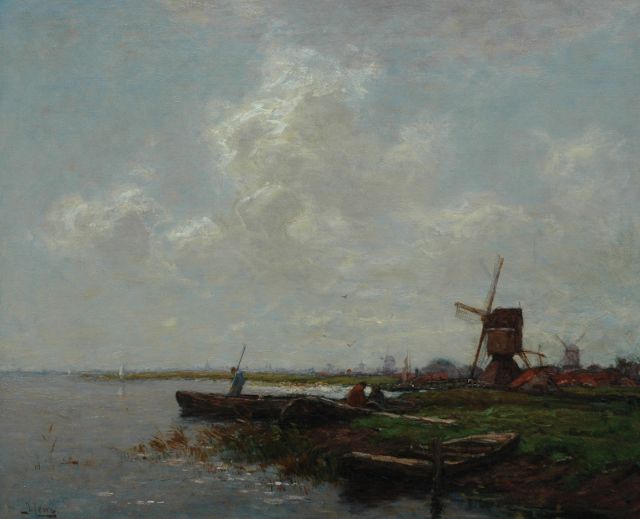 Johannes Karel Leurs | Polderlandschap met pramen en wipmolen, olieverf op doek, 65,6 x 80,4 cm, gesigneerd l.o.