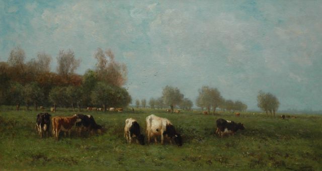 Vrolijk J.M.  | Koeien in een weide met wilgen, olieverf op doek 54,3 x 100,2 cm, gesigneerd r.o.