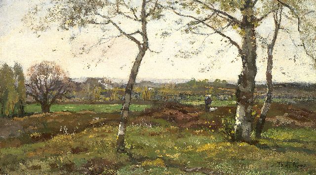 Théophile Emile Achille de Bock | Zomers landschap met boerin en geitje, olieverf op doek, 33,2 x 58,5 cm, gesigneerd r.o.