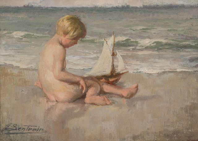 Jules Lentrein | Meisje, spelend op het strand, olieverf op paneel, 25,0 x 35,0 cm, gesigneerd l.o.