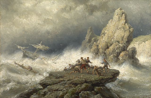 Jan H.B. Koekkoek | Schipbreuk voor de Engelse kust, olieverf op paneel, 33,8 x 52,3 cm, gesigneerd r.o. en gedateerd 1881 op etiket op spieraam