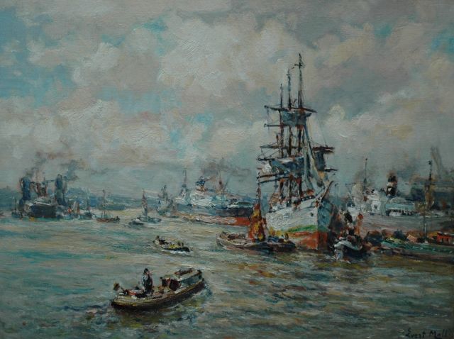 Evert Moll | Havengezicht met driemaster en stoomschepen, Rotterdam, olieverf op doek, 60,0 x 80,3 cm, gesigneerd r.o.