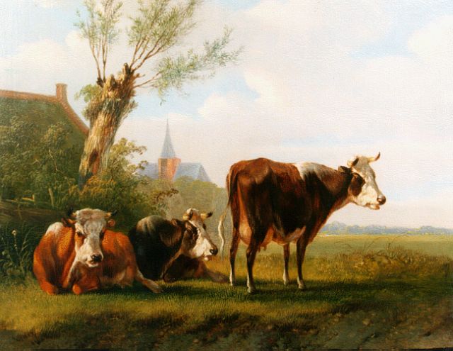 Albertus Verhoesen | Drie koeien in zomers weidelandschap, olieverf op paneel, 18,7 x 23,0 cm, gesigneerd r.o.