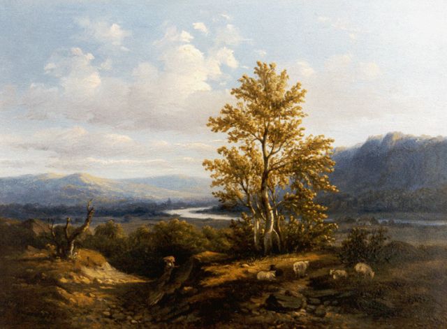 Anthonie Jacobus van Wijngaerdt | Rijnlandschap met grazende schapen, olieverf op paneel, 19,3 x 26,3 cm, gesigneerd l.o.