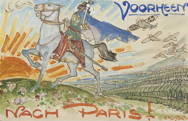Leo Gestel | Nach Paris!: keizer Wilhelm II trekt ten strijde, aquarel op papier, 9,0 x 14,0 cm, gesigneerd r.o. en gedateerd '18