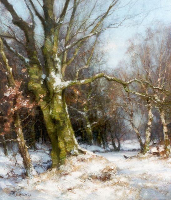Jan Holtrup | Winter in Wolfhezer bos, olieverf op doek, 40,4 x 35,7 cm, gesigneerd l.o.