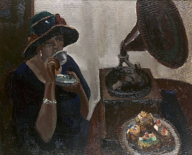 Toon Kelder | Theedrinkende dame met gebakjes en grammofoon, olieverf op doek, 90,4 x 110,4 cm, gesigneerd r.b.