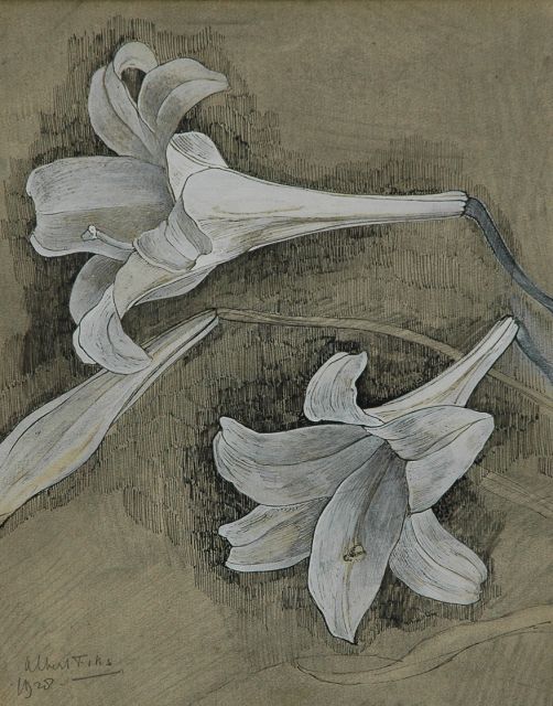 Fiks A.  | Witte lelies, pen, inkt en gouache op papier 29,5 x 23,4 cm, gesigneerd l.o. en gedateerd 1928