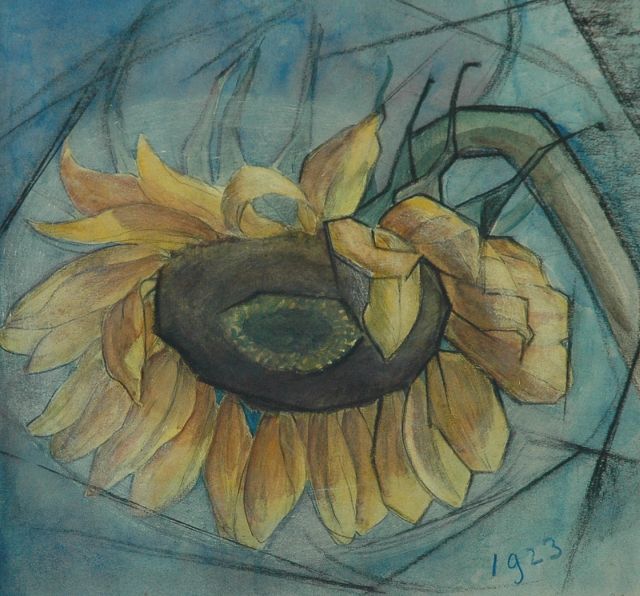 Albert Fiks | Zonnebloem, zwart krijt en aquarel op papier, 25,6 x 25,4 cm, gedateerd 1923